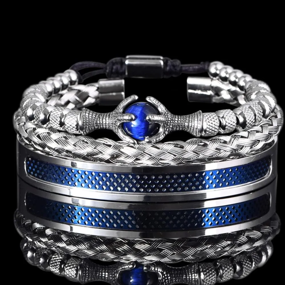 3pcs/set Classical Handmade Braiding Bracelet Hip Hop Men Pave CZ Leopard Head Roman Numeral Bracelet Stainless Steel Jewelry