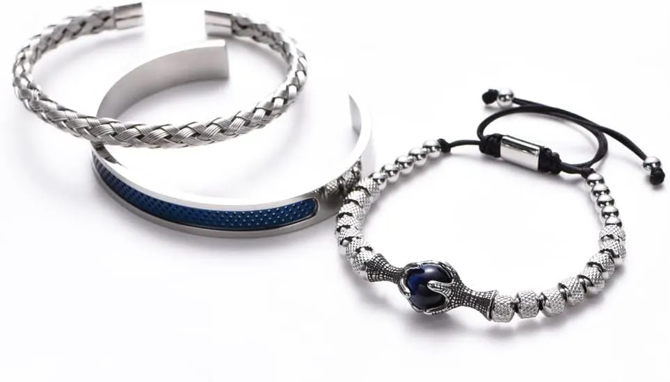 3pcs/set Classical Handmade Braiding Bracelet Hip Hop Men Pave CZ Leopard Head Roman Numeral Bracelet Stainless Steel Jewelry