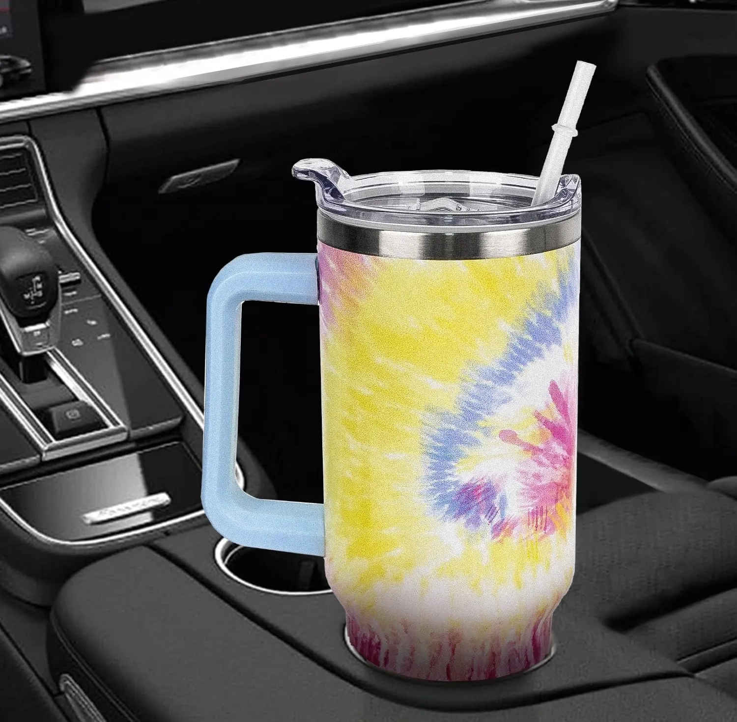 40 oz Tumbler with Handle and Straw Tie Dye Tumbler Leak Proof Insulated Cup 40 oz Tie Dye Coffee Travel Mug Tie-dye Decor Stuff Gifts for Women
