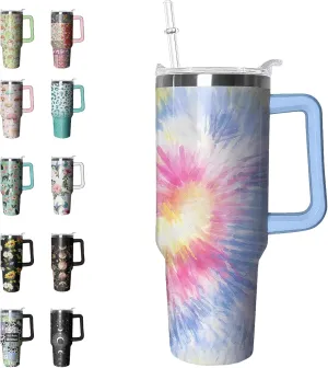 40 oz Tumbler with Handle and Straw Tie Dye Tumbler Leak Proof Insulated Cup 40 oz Tie Dye Coffee Travel Mug Tie-dye Decor Stuff Gifts for Women