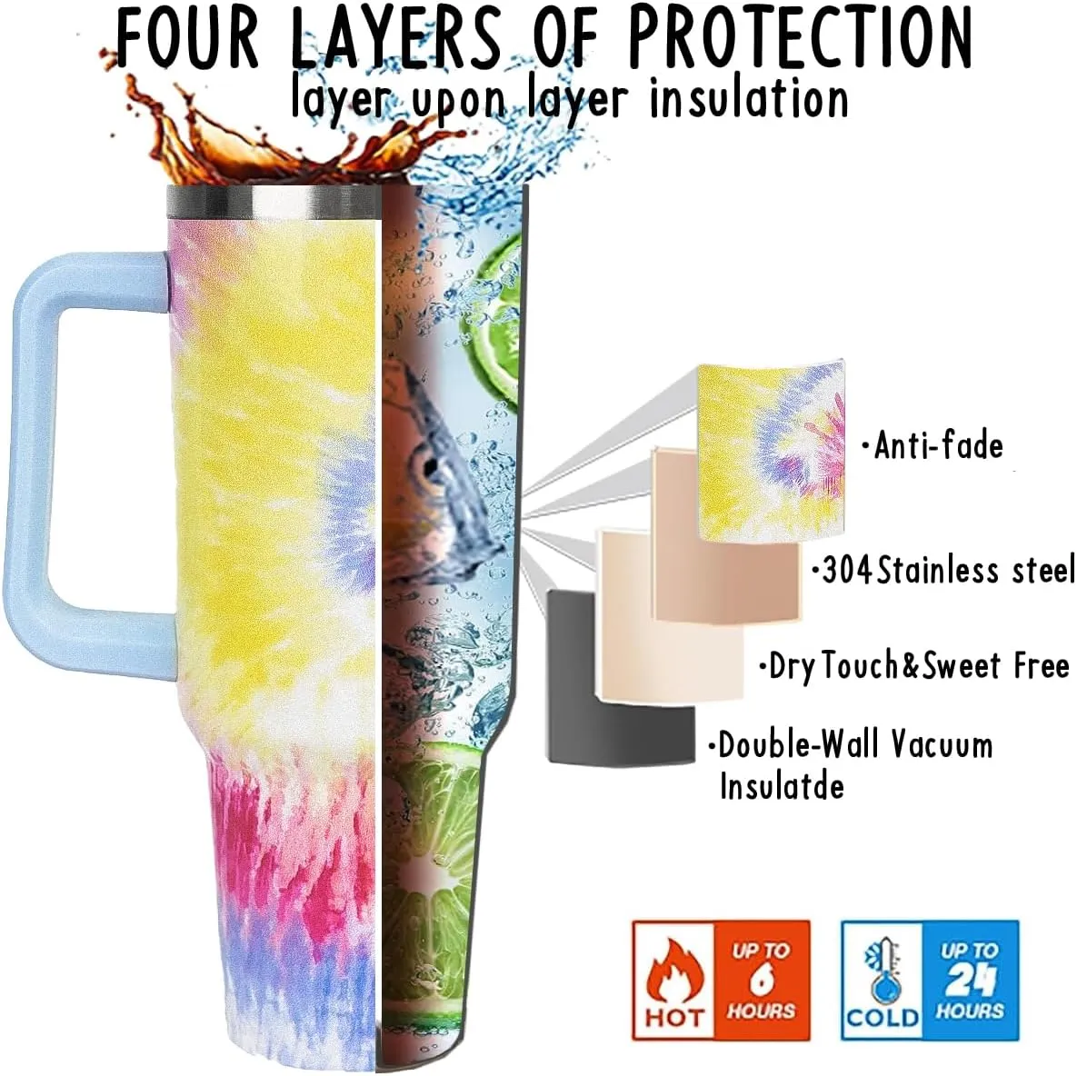 40 oz Tumbler with Handle and Straw Tie Dye Tumbler Leak Proof Insulated Cup 40 oz Tie Dye Coffee Travel Mug Tie-dye Decor Stuff Gifts for Women