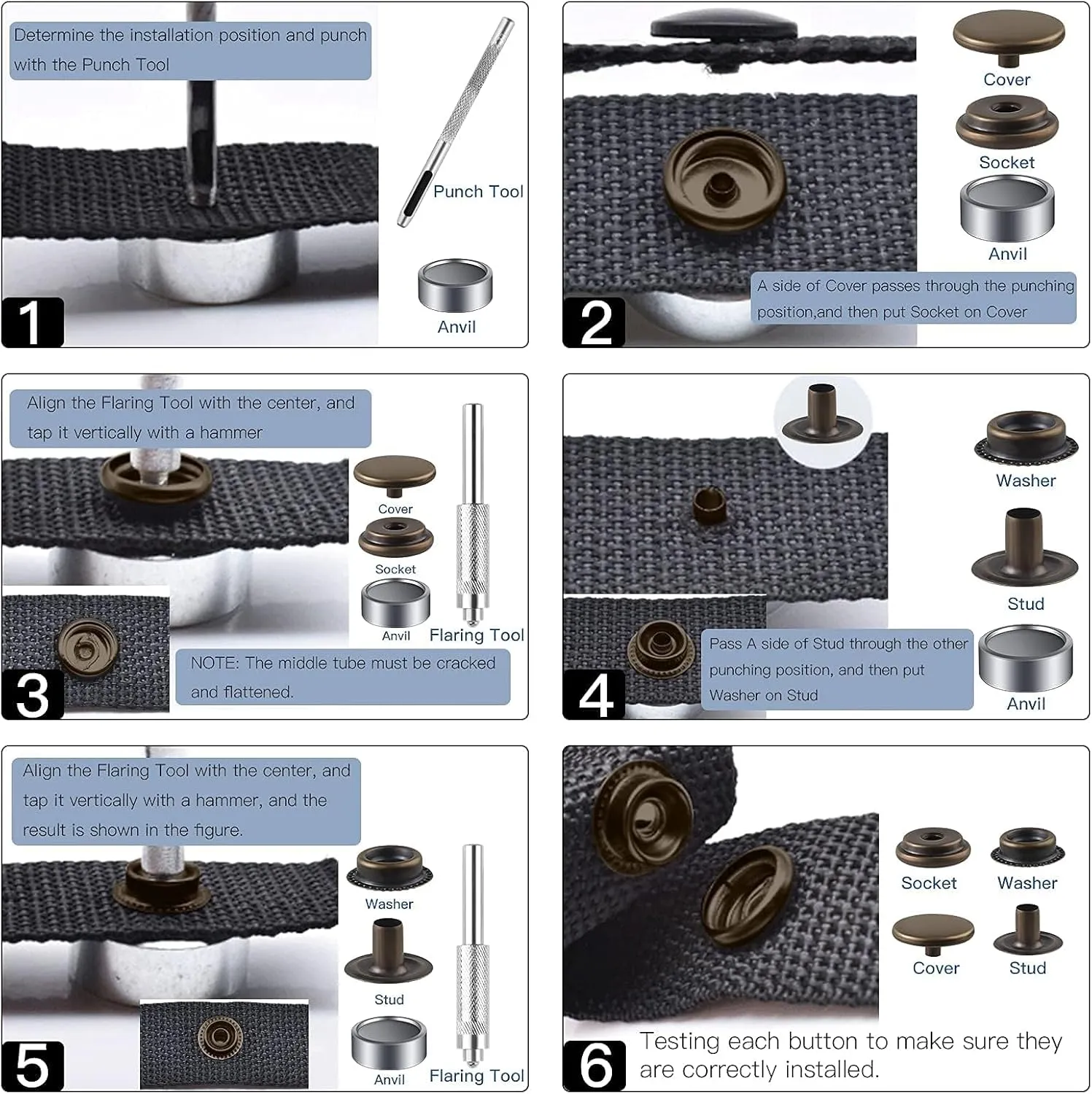 400 Pieces (100 Sets) Snap Fastener Kit Tool 5/8 inches (15mm) Snap Button kit Snaps for Leather Snap Fasteners Kit for Leather Stainless Snaps Button for Bag, Jeans, Clothes, Fabric（Bronze）
