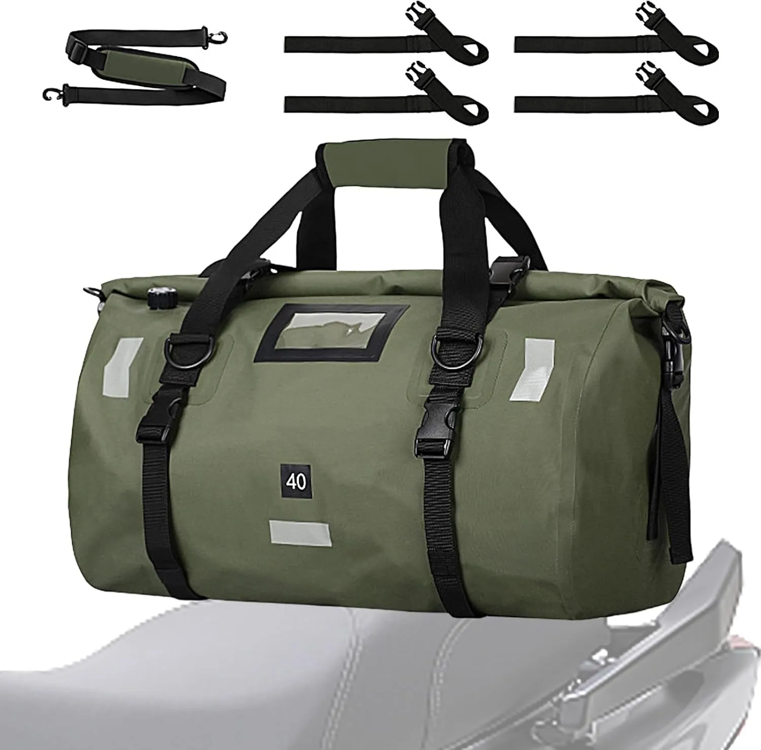 40L Waterproof Duffel Bag, Motorcycle Dry Bags, Large Heavy Duty Camping | Back Seat Roll Top Luggage Tail with Reflective Strips, Backpack for Kayaking, Rafting, Boating, Camping, Travel
