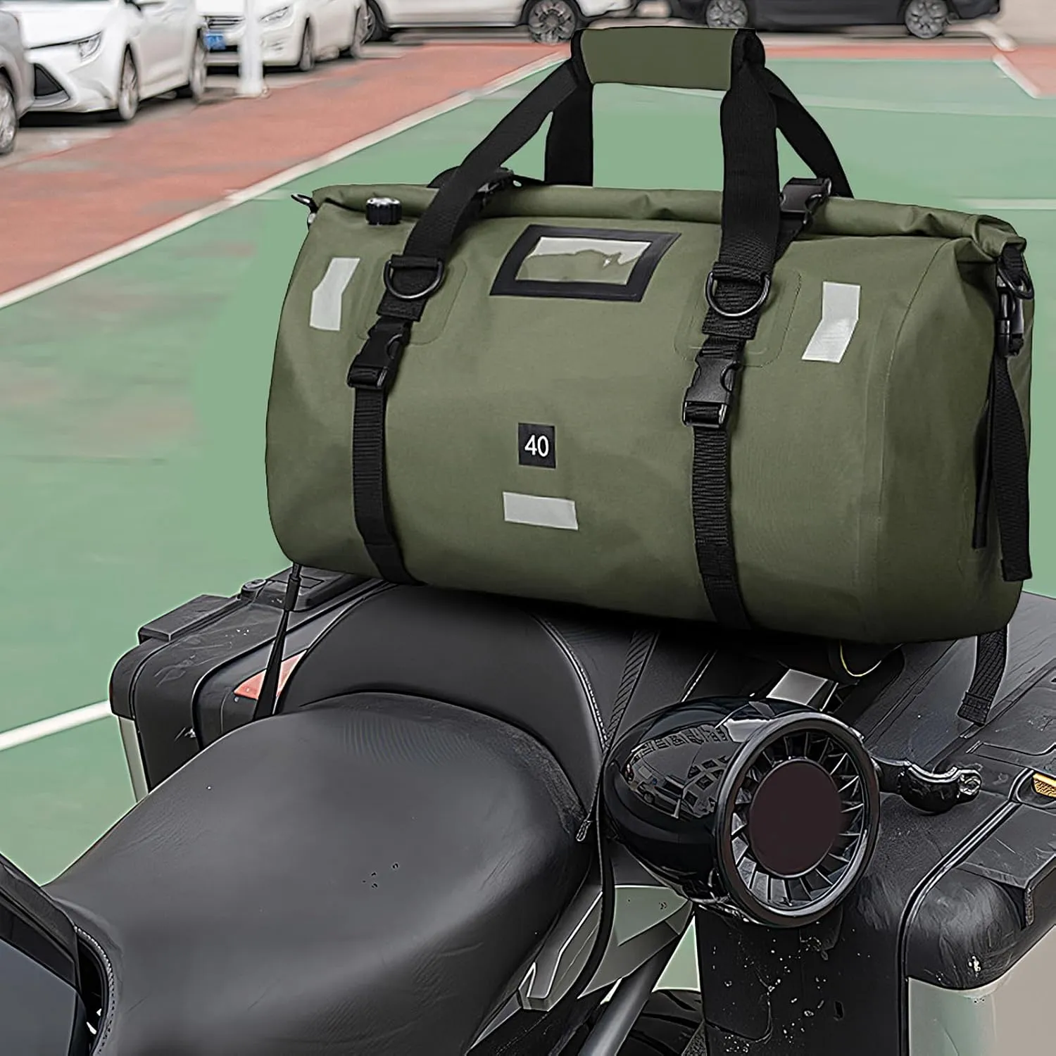 40L Waterproof Duffel Bag, Motorcycle Dry Bags, Large Heavy Duty Camping | Back Seat Roll Top Luggage Tail with Reflective Strips, Backpack for Kayaking, Rafting, Boating, Camping, Travel