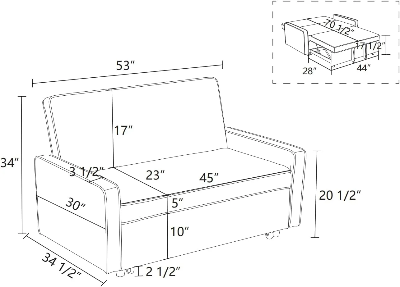 53" 3 in 1 Convertible Sleeper Sofa Bed, Flannel Upholstered Pull Out Sofabed with Adjustable Backrest, Modern Futon Loveseat Couch for Living Room, Apartment, Office, Light Gray