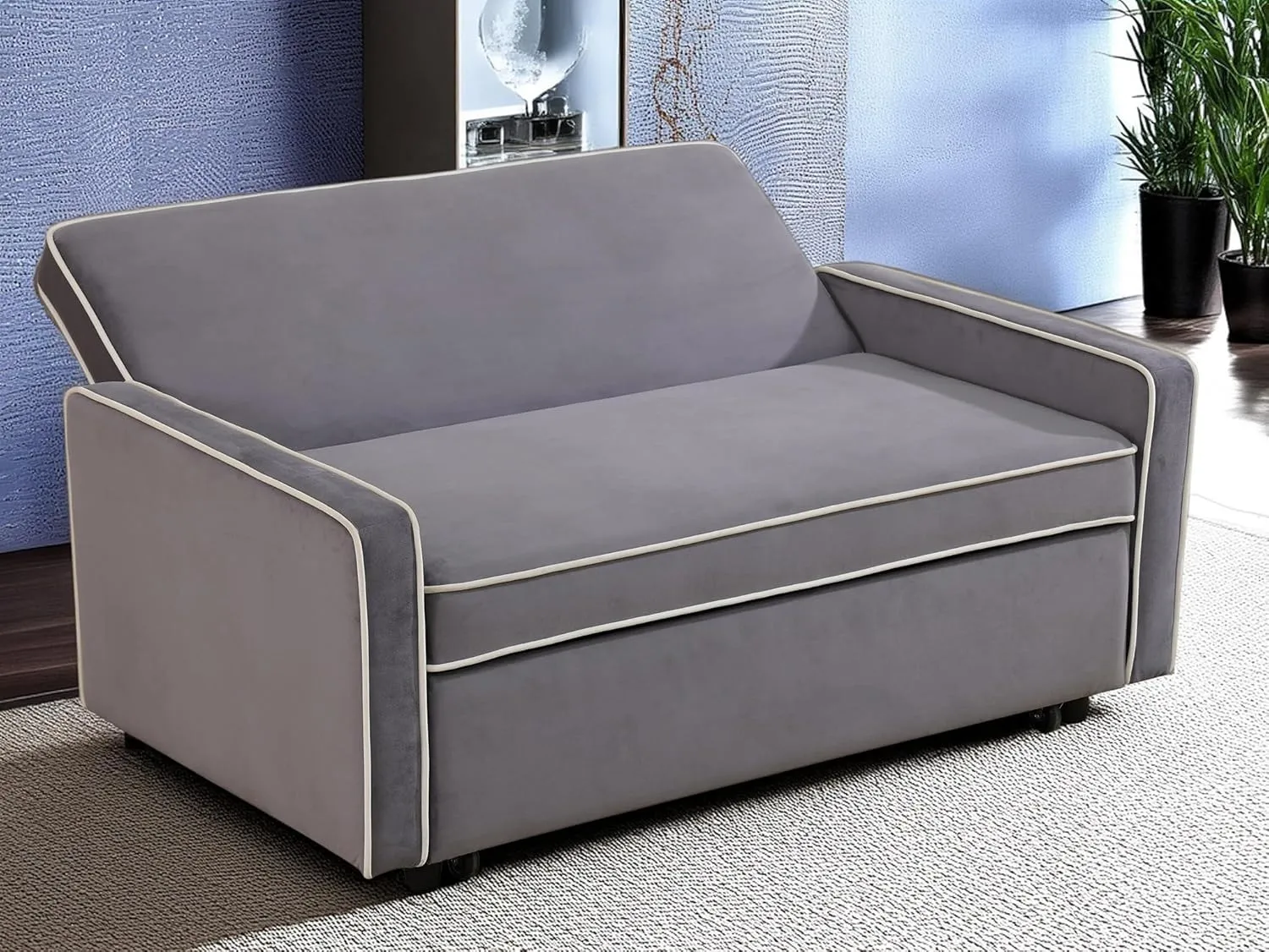 53" 3 in 1 Convertible Sleeper Sofa Bed, Flannel Upholstered Pull Out Sofabed with Adjustable Backrest, Modern Futon Loveseat Couch for Living Room, Apartment, Office, Light Gray