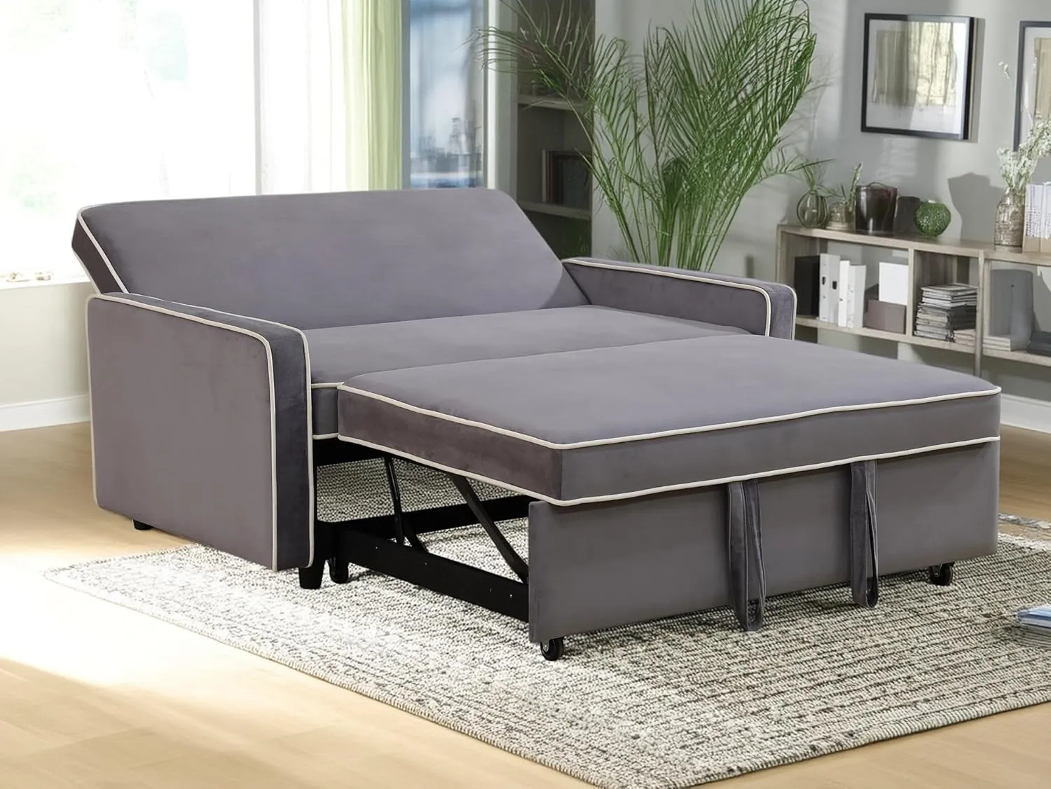 53" 3 in 1 Convertible Sleeper Sofa Bed, Flannel Upholstered Pull Out Sofabed with Adjustable Backrest, Modern Futon Loveseat Couch for Living Room, Apartment, Office, Light Gray