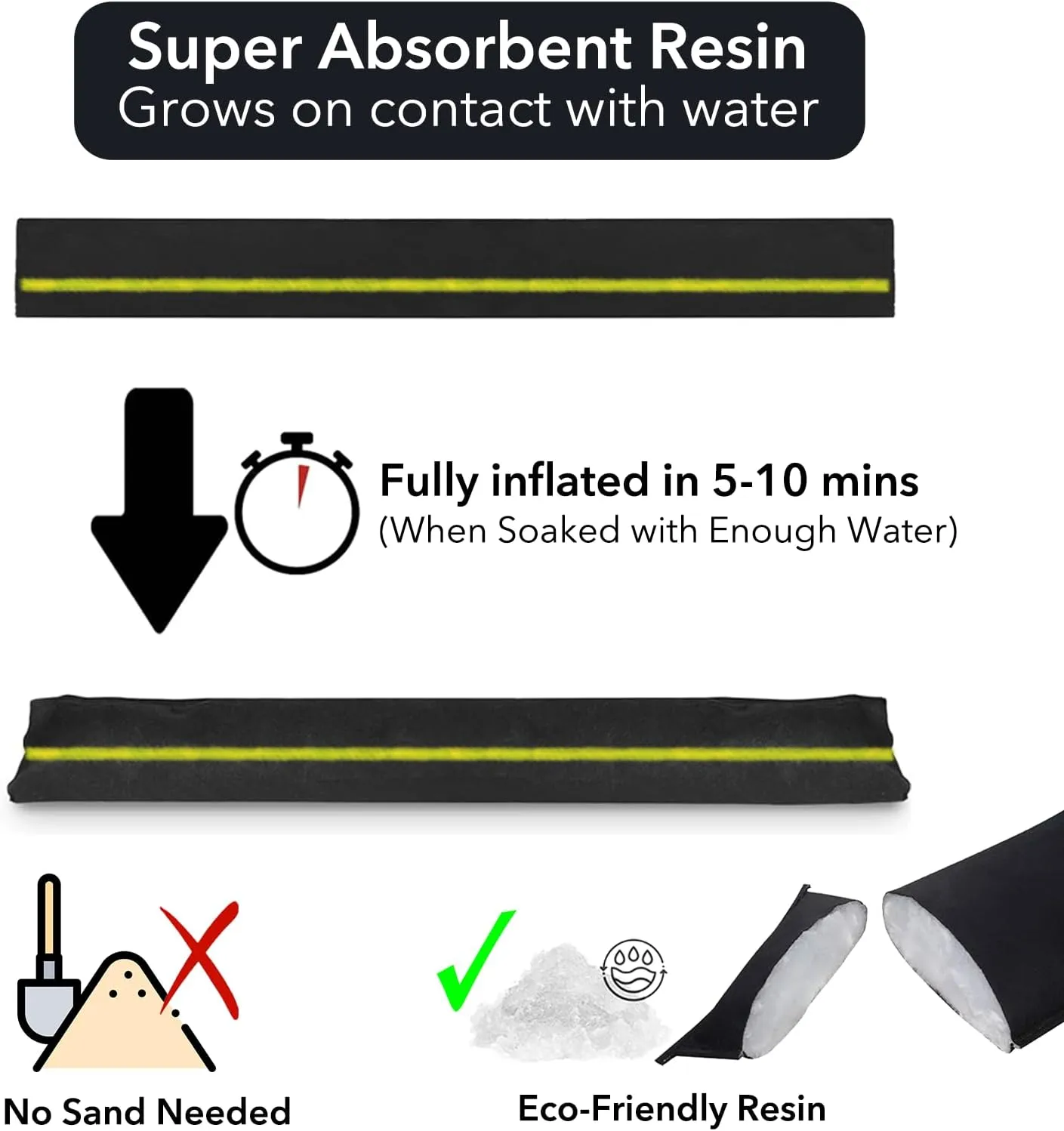 5FT-2Pack Water Leak Absorber, Water Barrier for Flooding Sandless Sandbags with Reflective Strips Water Absorbent Sock Flood Barrier for Garage Door Basement Against Heavy Rain