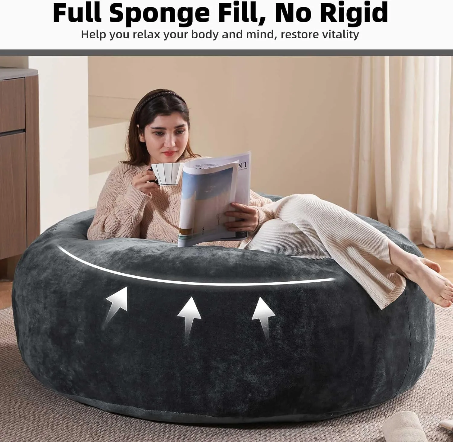 5FT，large bean bag chairs，bean bag with filler，High resilience memory foam chair，Removable and washable flannel cover, suitable for living room, bedroom and dormitory.(Dark Gray)