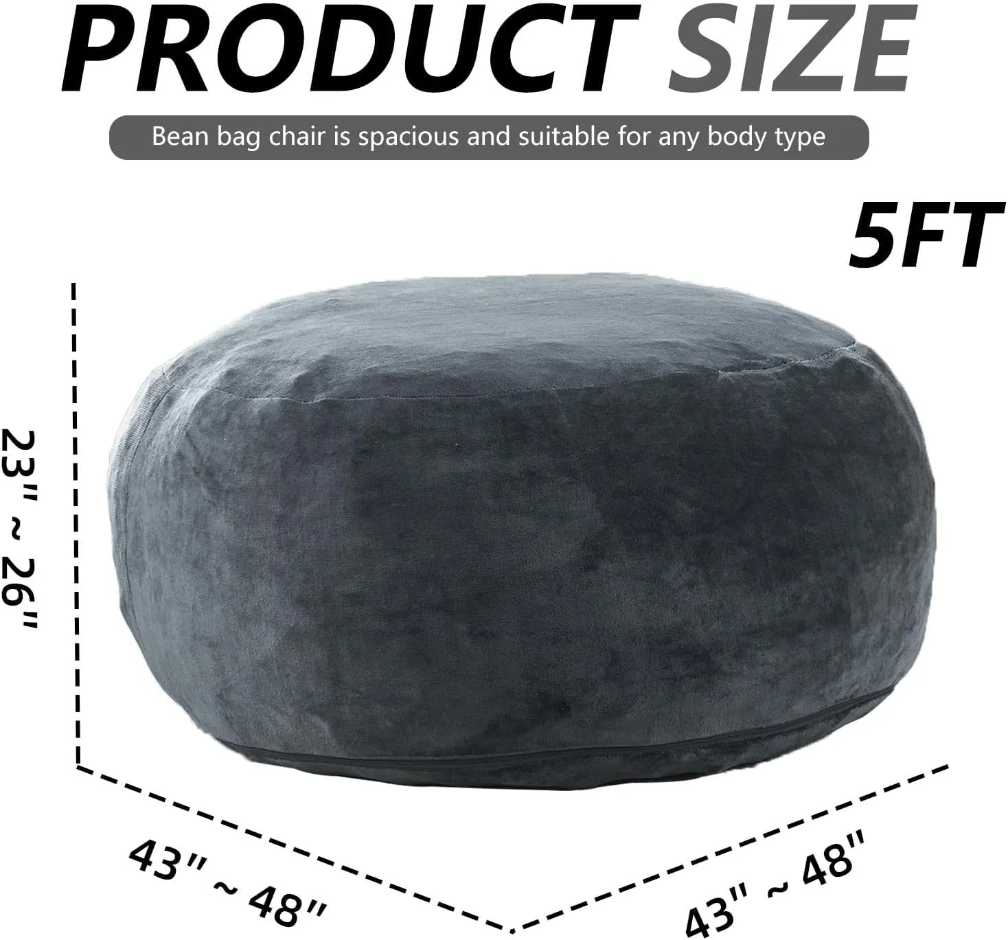 5FT，large bean bag chairs，bean bag with filler，High resilience memory foam chair，Removable and washable flannel cover, suitable for living room, bedroom and dormitory.(Dark Gray)