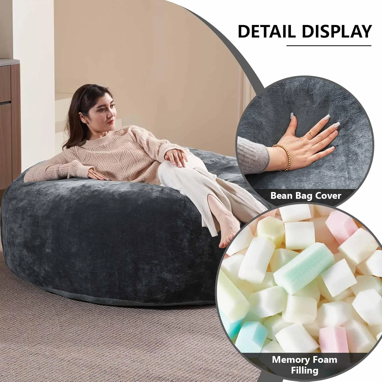 5FT，large bean bag chairs，bean bag with filler，High resilience memory foam chair，Removable and washable flannel cover, suitable for living room, bedroom and dormitory.(Dark Gray)
