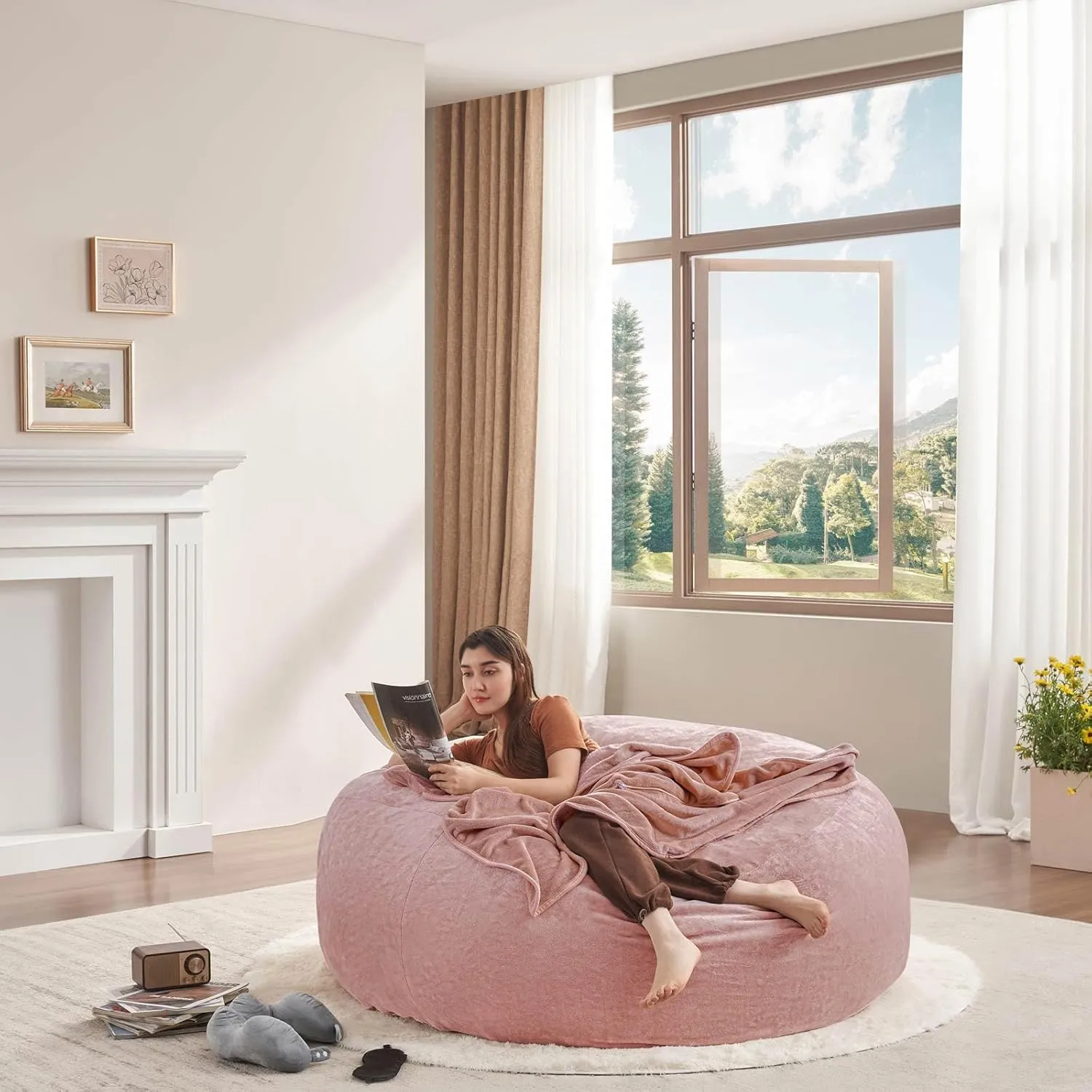 6FT，Big Bean Bag Chairs for Adults，Bean Bag Chair with Filler，Memory Foam Chair，Removable and Washable Flannel Cover, Giant Bean Bag, Suitable for Living Room, Bedroom and Reading(Pink)