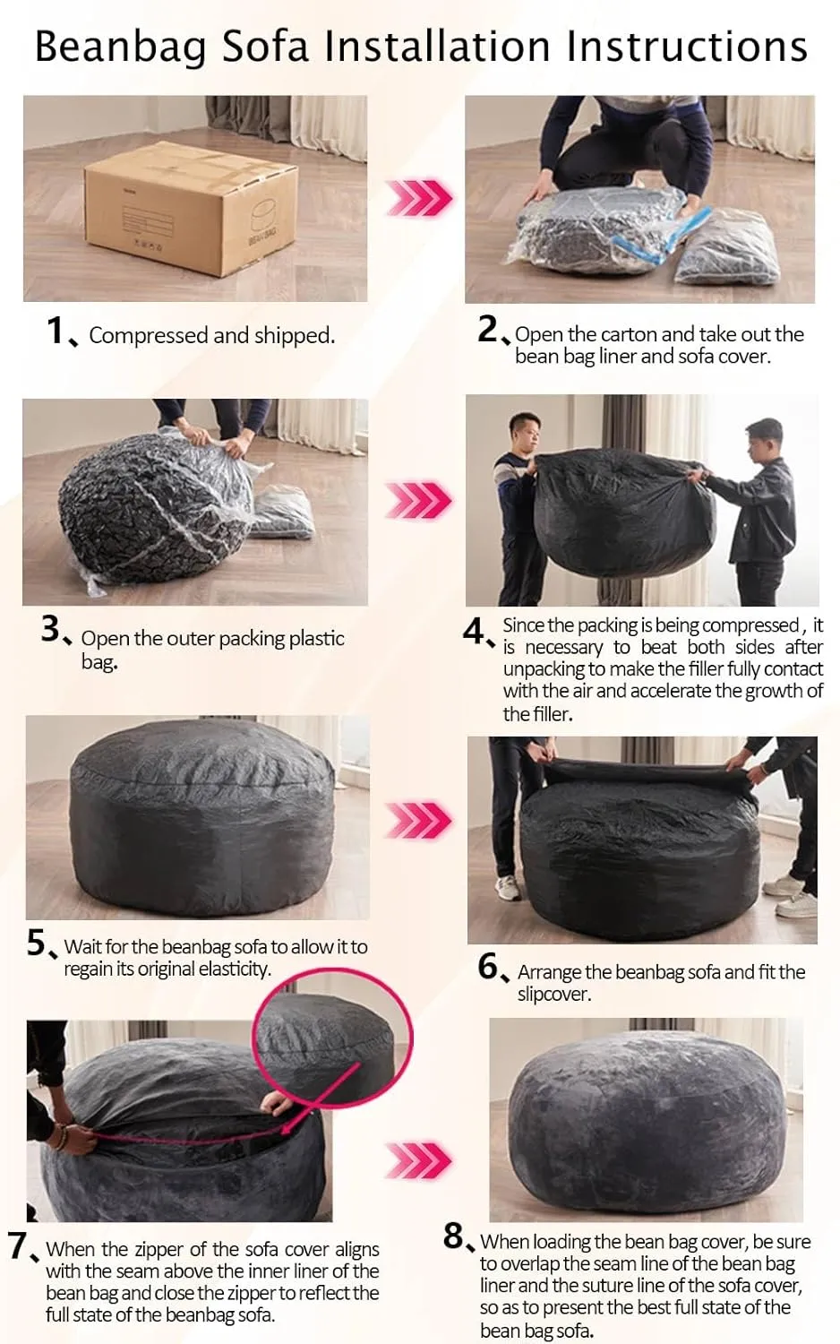 6FT，Big Bean Bag Chairs for Adults，Bean Bag Chair with Filler，Memory Foam Chair，Removable and Washable Flannel Cover, Giant Bean Bag, Suitable for Living Room, Bedroom and Reading(Pink)