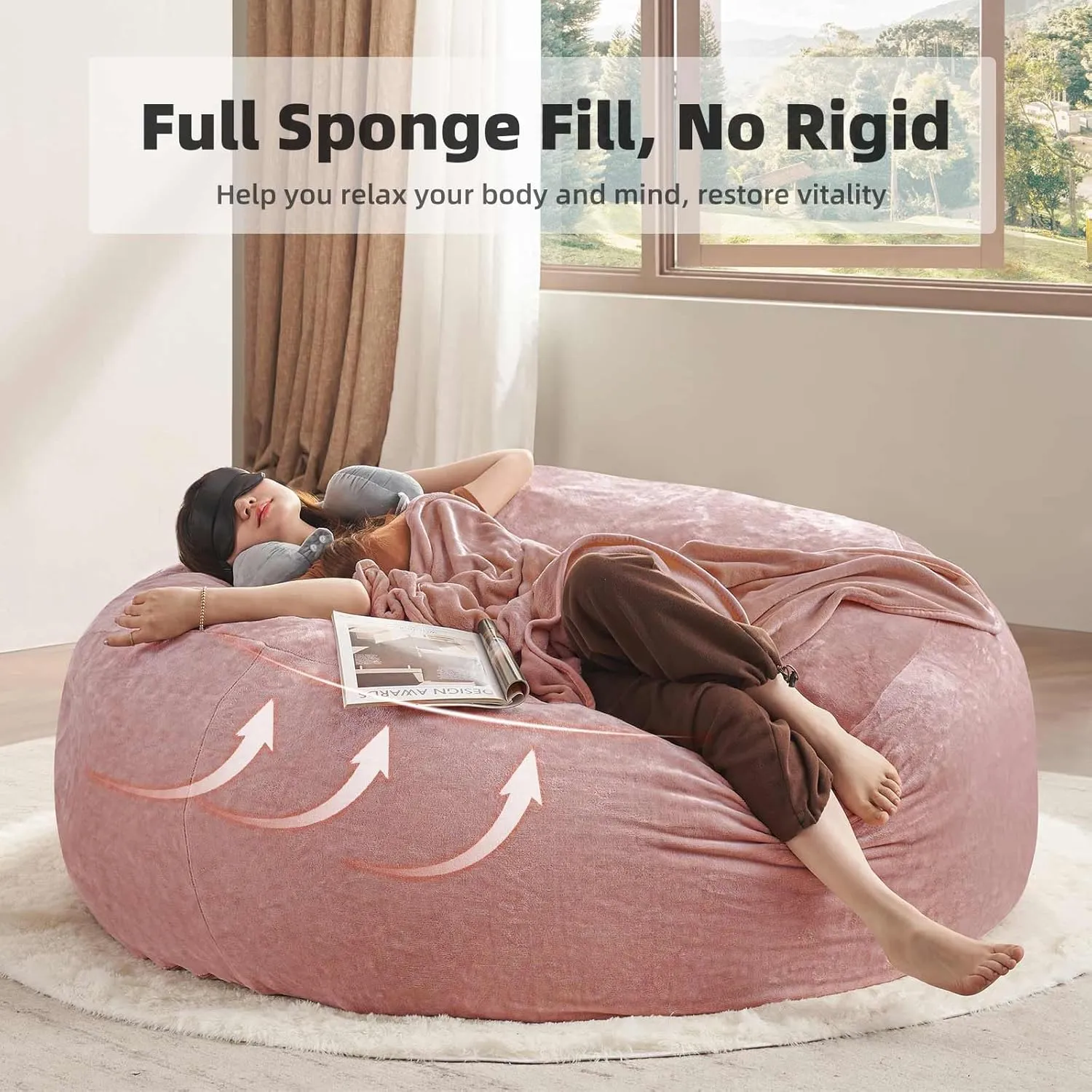 6FT，Big Bean Bag Chairs for Adults，Bean Bag Chair with Filler，Memory Foam Chair，Removable and Washable Flannel Cover, Giant Bean Bag, Suitable for Living Room, Bedroom and Reading(Pink)