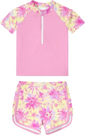 7-12 Years Girls Rash Guard Swimsuits 2 Piece Zipper Bathing Suit Set Kids Short Sleeve Swimwear with Sports Shorts
