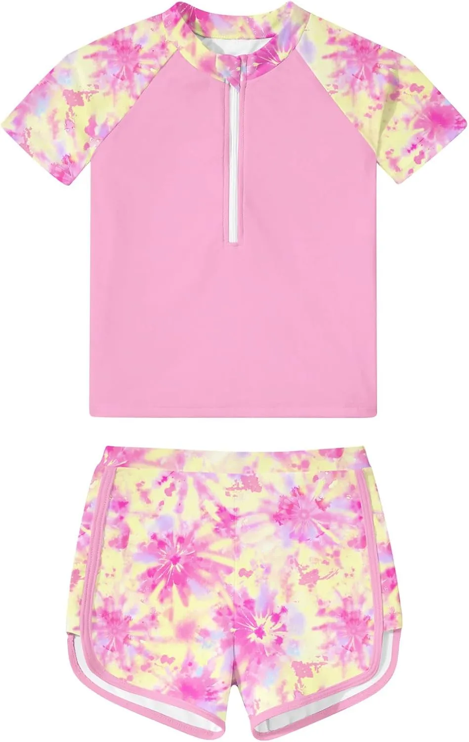 7-12 Years Girls Rash Guard Swimsuits 2 Piece Zipper Bathing Suit Set Kids Short Sleeve Swimwear with Sports Shorts