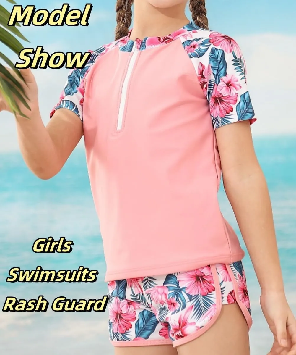 7-12 Years Girls Rash Guard Swimsuits 2 Piece Zipper Bathing Suit Set Kids Short Sleeve Swimwear with Sports Shorts