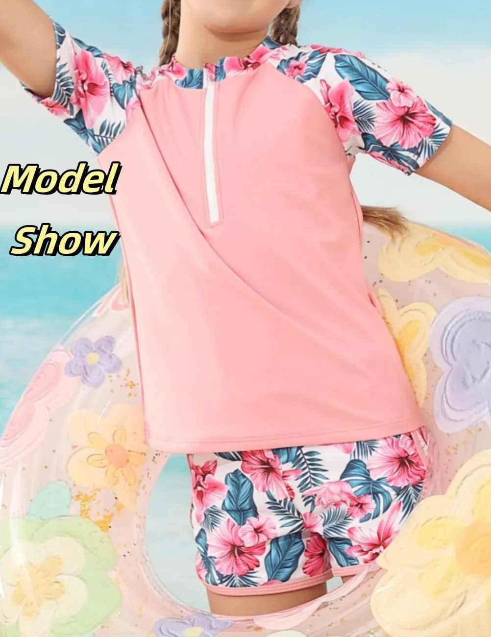7-12 Years Girls Rash Guard Swimsuits 2 Piece Zipper Bathing Suit Set Kids Short Sleeve Swimwear with Sports Shorts