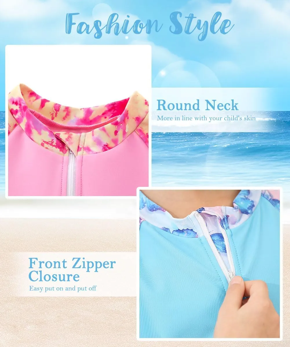 7-12 Years Girls Rash Guard Swimsuits 2 Piece Zipper Bathing Suit Set Kids Short Sleeve Swimwear with Sports Shorts