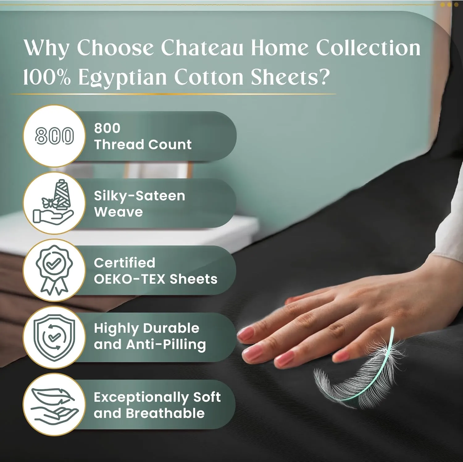 800 Thread Count Egyptian Cotton Sheets Queen Sheet Set Deep Pocket,100% Cotton Bed Sheets Queen Size Set, No Pill Soft & Comfy Naturally Cool Breathable Elasticated Sheet & Pillowcase Sets- Charcoal