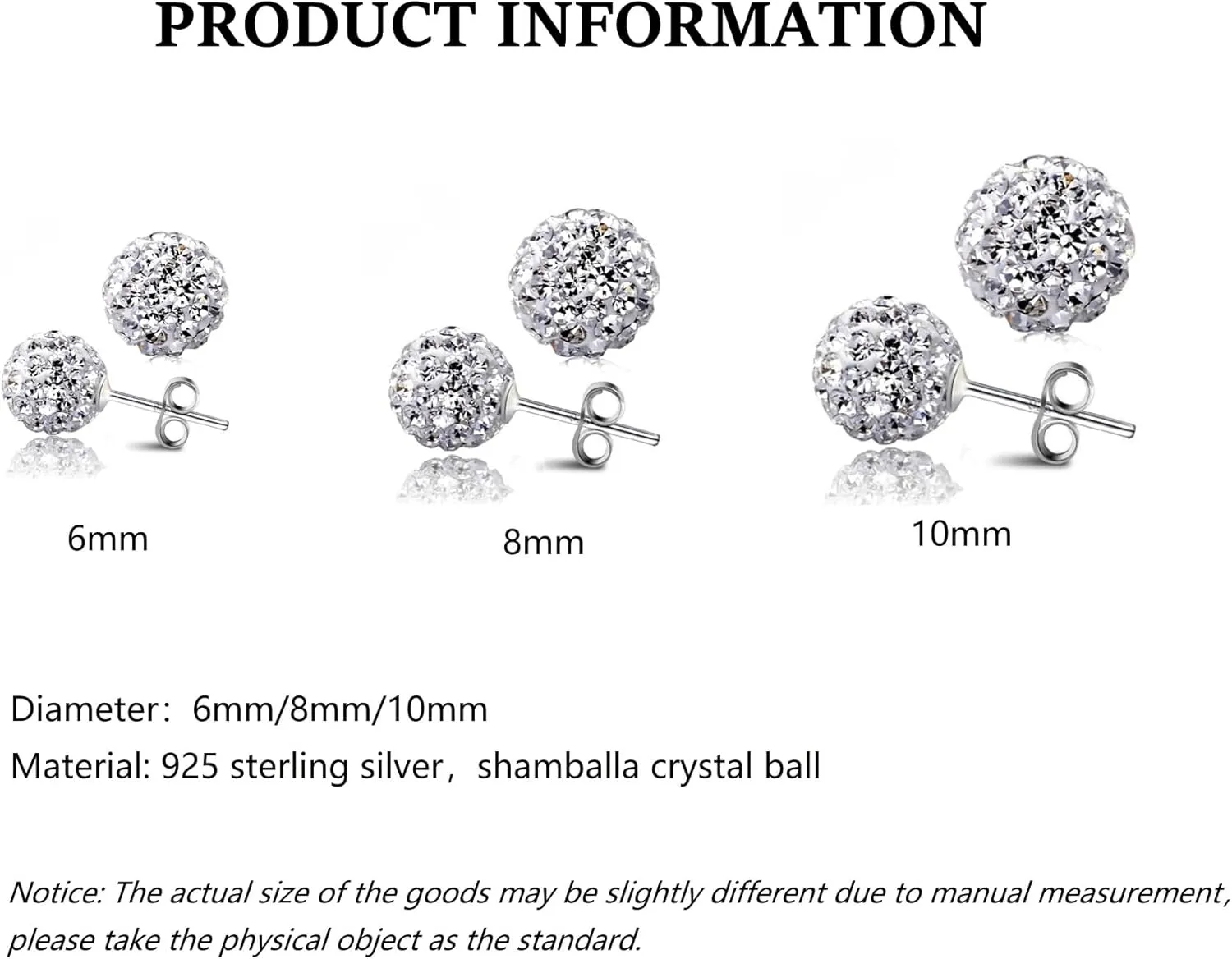 925 Sterling Silver Pave Crystal CZ Diamond Stud Earrings for Women, Sparkling Shamballa Disco Ball Stud Earrings, 6MM 8MM 10MM