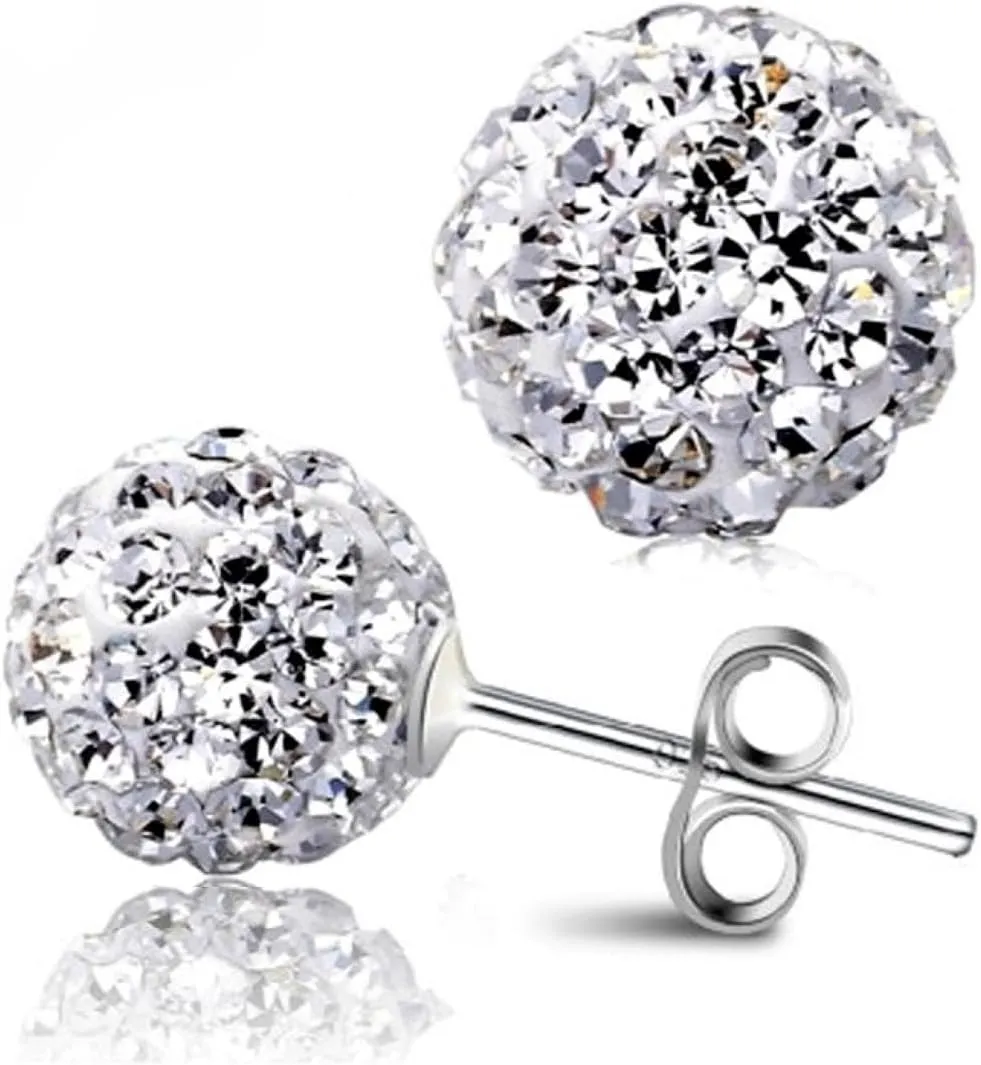 925 Sterling Silver Pave Crystal CZ Diamond Stud Earrings for Women, Sparkling Shamballa Disco Ball Stud Earrings, 6MM 8MM 10MM
