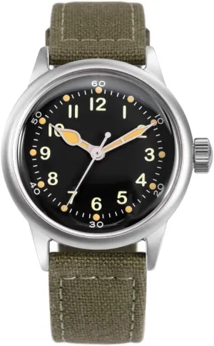 A-11 Service Watch Men's Military Automatic Watch, 38mm/42mm Stainless Steel Case, 50M Water Resistance, Black/Beige Dial with Green/White Lume, Black/Brown/Green Leather/Canvas/Nylon Strap, Combat Tactical Field Spec Ops Commemorative Vintage