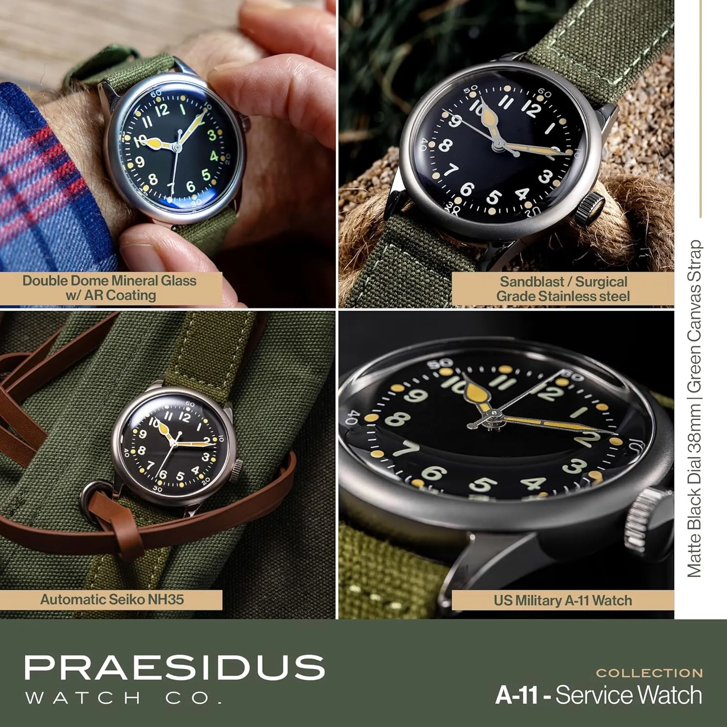 A-11 Service Watch Men's Military Automatic Watch, 38mm/42mm Stainless Steel Case, 50M Water Resistance, Black/Beige Dial with Green/White Lume, Black/Brown/Green Leather/Canvas/Nylon Strap, Combat Tactical Field Spec Ops Commemorative Vintage