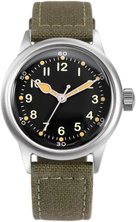 A-11 Service Watch Men's Military Automatic Watch, 38mm/42mm Stainless Steel Case, 50M Water Resistance, Black/Beige Dial with Green/White Lume, Black/Brown/Green Leather/Canvas/Nylon Strap, Combat Tactical Field Spec Ops Commemorative Vintage