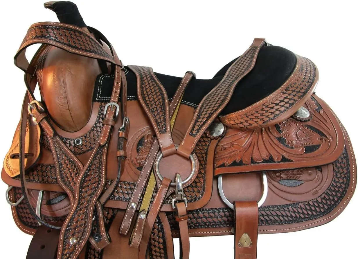 ADB CREATIONS Western Leather Horse Saddle, Hand Tooled Floral Design Seat 10"-18" Inch Seat