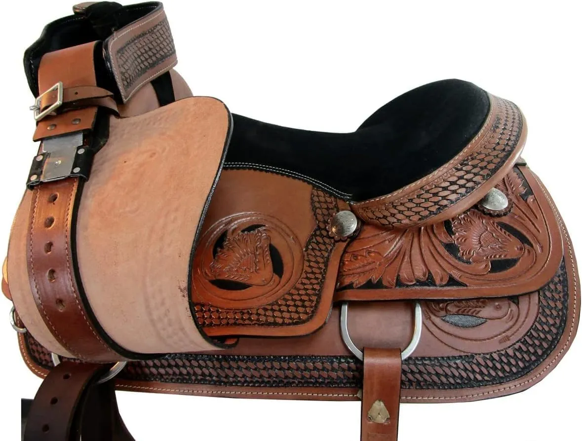 ADB CREATIONS Western Leather Horse Saddle, Hand Tooled Floral Design Seat 10"-18" Inch Seat