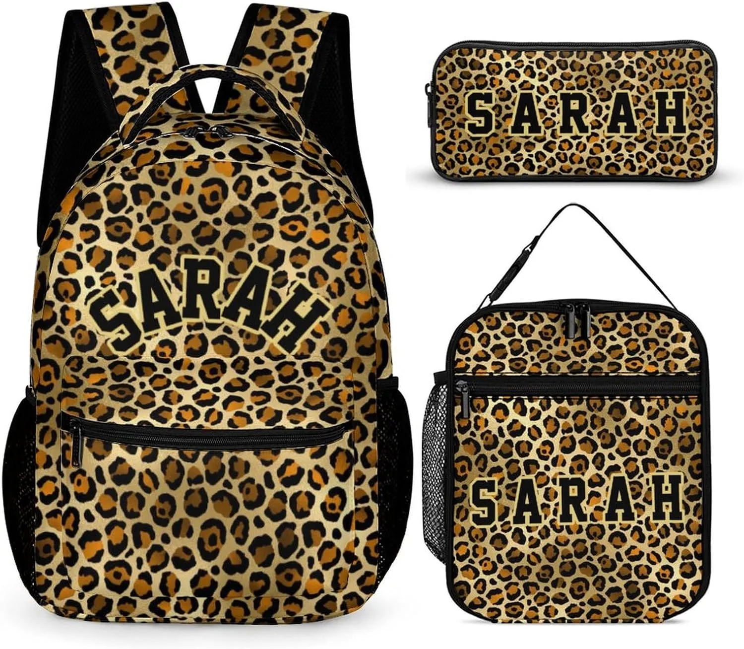 Add Your Name On Gold Black Leopard Print School Backpack for Kids Boys Girls Gifts Custom School Bag Set with Lunch Box Pencil Case