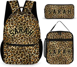Add Your Name On Gold Black Leopard Print School Backpack for Kids Boys Girls Gifts Custom School Bag Set with Lunch Box Pencil Case