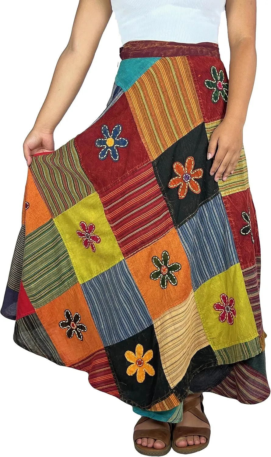Agan Traders Women’s 2025 Summer Boho Maxi Skirt for Fall Patched Tie Up High Waisted Long Skirt Bohemian Wrap Cover Up