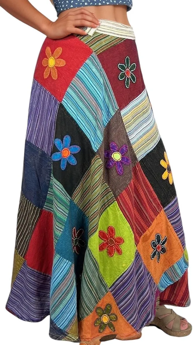 Agan Traders Women’s 2025 Summer Boho Maxi Skirt for Fall Patched Tie Up High Waisted Long Skirt Bohemian Wrap Cover Up