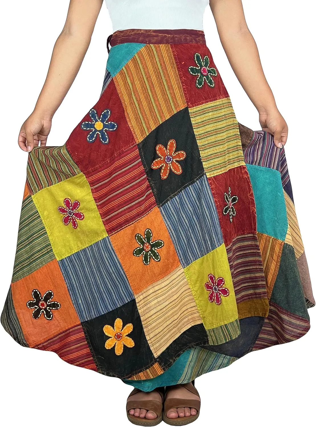 Agan Traders Women’s 2025 Summer Boho Maxi Skirt for Fall Patched Tie Up High Waisted Long Skirt Bohemian Wrap Cover Up