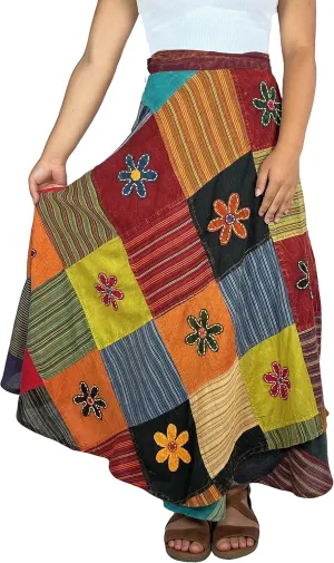 Agan Traders Women’s 2025 Summer Boho Maxi Skirt for Fall Patched Tie Up High Waisted Long Skirt Bohemian Wrap Cover Up