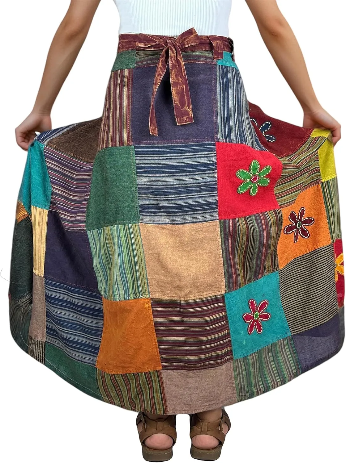 Agan Traders Women’s 2025 Summer Boho Maxi Skirt for Fall Patched Tie Up High Waisted Long Skirt Bohemian Wrap Cover Up