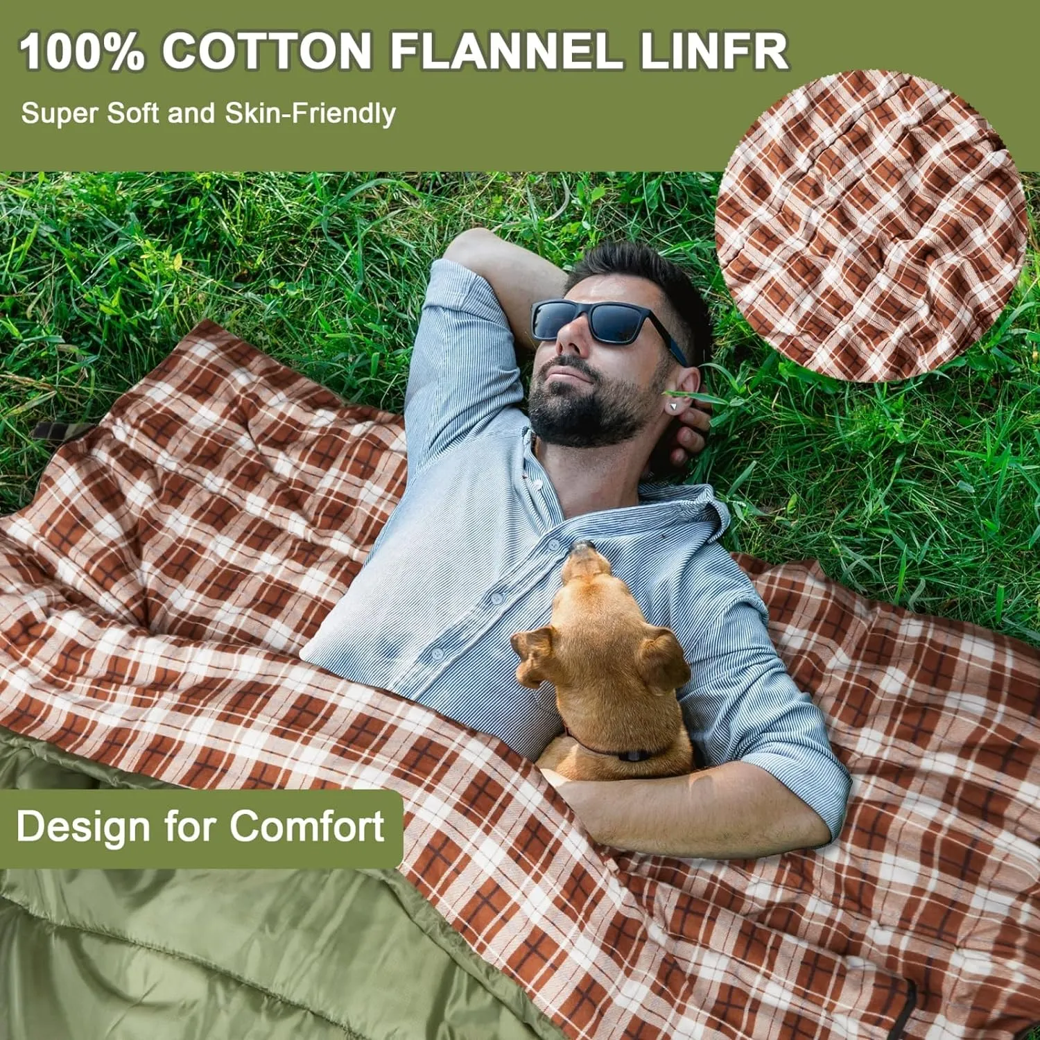 AGEMORE Cotton Flannel Double Sleeping Bag for Camping, Backpacking Or Hiking. Queen Size 2 Person Waterproof Sleeping Bag for Adults Or Teens. Lightweight with Compression Sack