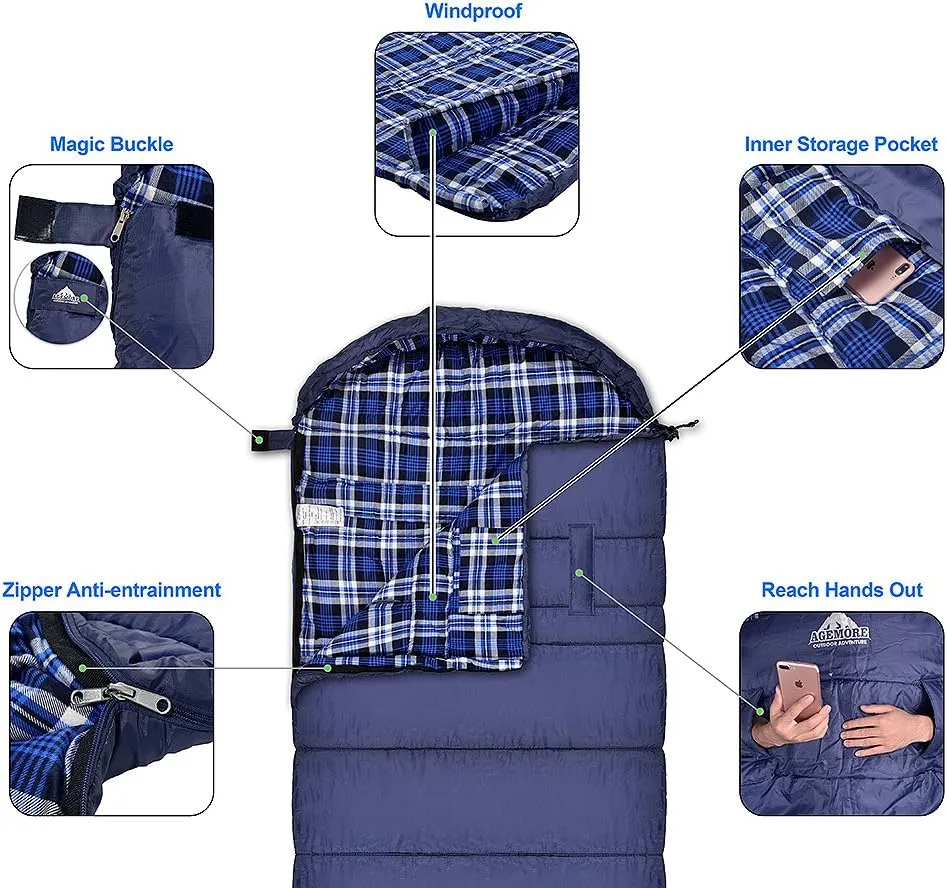AGEMORE Cotton Flannel Sleeping Bag XL for Camping, Envelope Sleeping Bags for Adults 91"X35", Great for 3-4 Season Traveling, Hiking & Outdoor Activities, Waterproof Comfort with Compression Sack