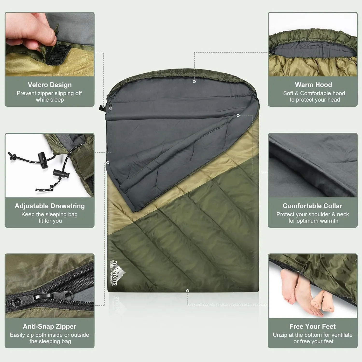 AGEMORE Sleeping Bag for Adults, Double and Single Size, Lightweight Portable Camping Sleeping Bag with Draft Tubes, Fit for Warm & Cold Weather Camping Hiking Backpacking Or Traveling
