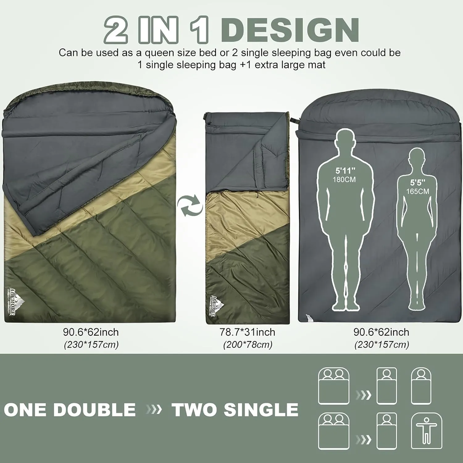 AGEMORE Sleeping Bag for Adults, Double and Single Size, Lightweight Portable Camping Sleeping Bag with Draft Tubes, Fit for Warm & Cold Weather Camping Hiking Backpacking Or Traveling
