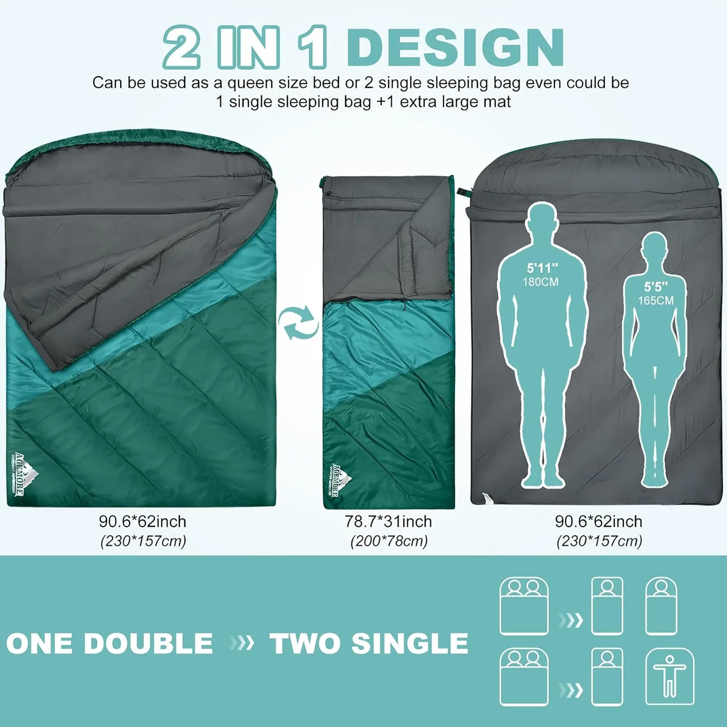 AGEMORE Sleeping Bag for Adults, Double and Single Size, Lightweight Portable Camping Sleeping Bag with Draft Tubes, Fit for Warm & Cold Weather Camping Hiking Backpacking Or Traveling