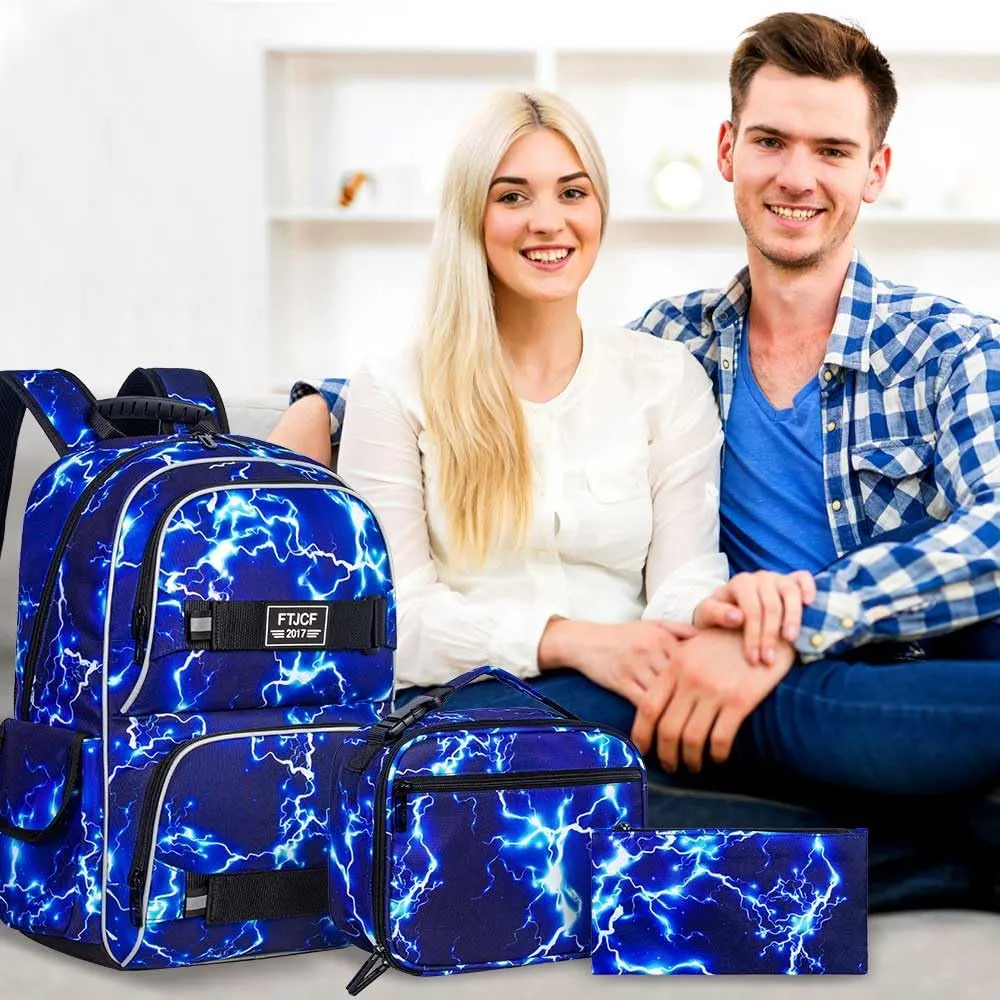 AGSDON Laptop Backpack, 17 Inch School Bag College Bookbag, Anti Theft Daypack Bags and Lunch Bag Set, Water Resistant lightning Backpacks for Teens Boys Men Students(Blue)