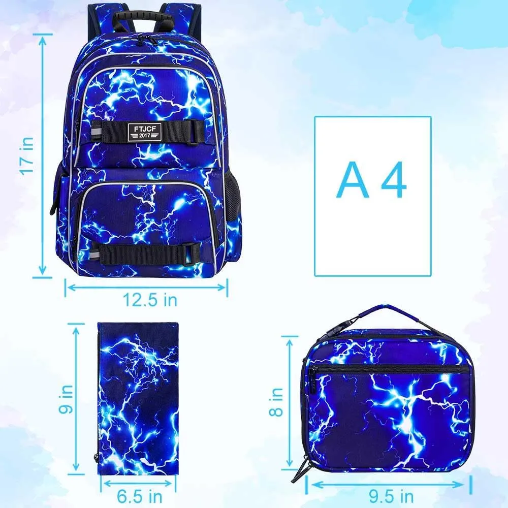 AGSDON Laptop Backpack, 17 Inch School Bag College Bookbag, Anti Theft Daypack Bags and Lunch Bag Set, Water Resistant lightning Backpacks for Teens Boys Men Students(Blue)