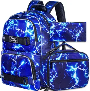 AGSDON Laptop Backpack, 17 Inch School Bag College Bookbag, Anti Theft Daypack Bags and Lunch Bag Set, Water Resistant lightning Backpacks for Teens Boys Men Students(Blue)