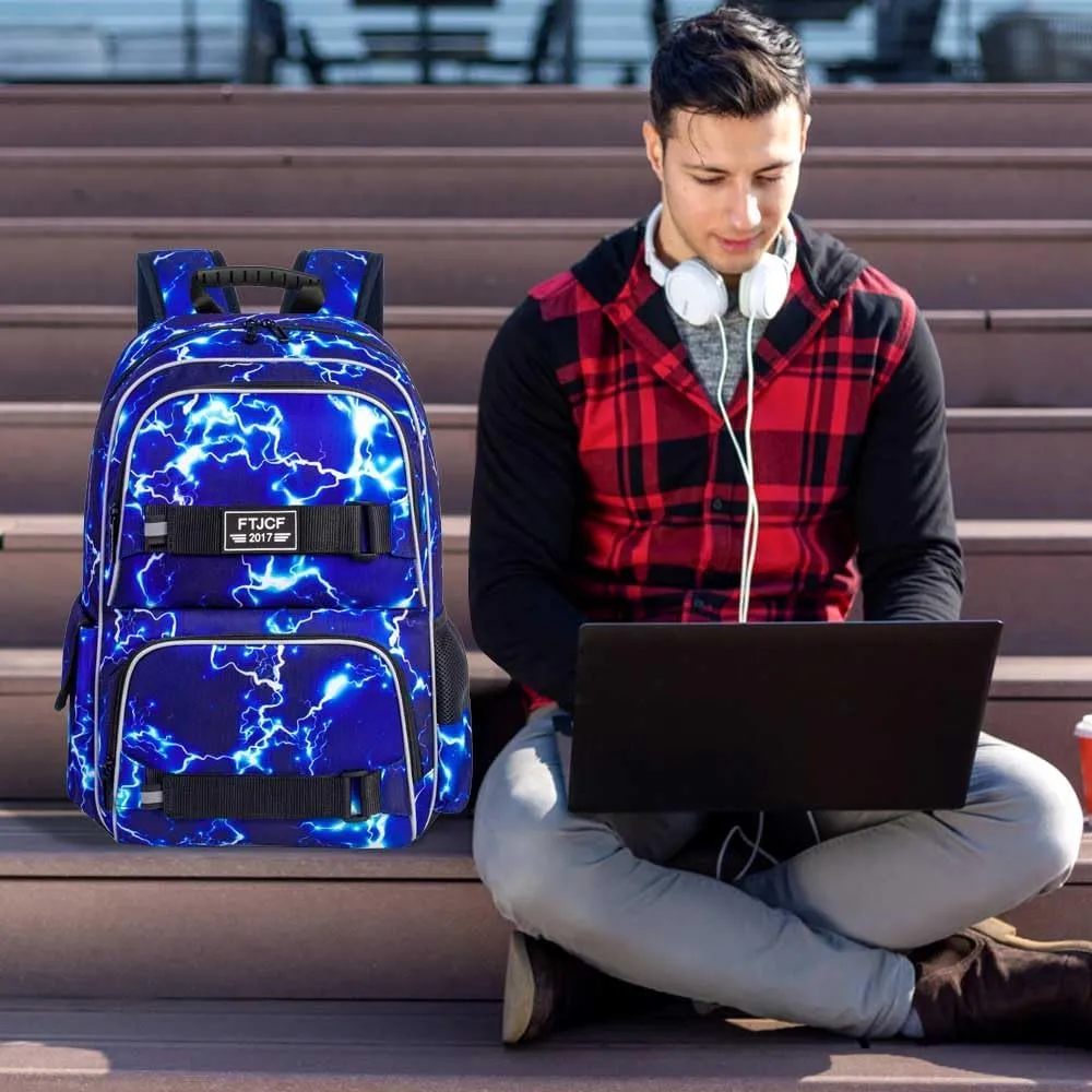 AGSDON Laptop Backpack, 17 Inch School Bag College Bookbag, Anti Theft Daypack Bags and Lunch Bag Set, Water Resistant lightning Backpacks for Teens Boys Men Students(Blue)