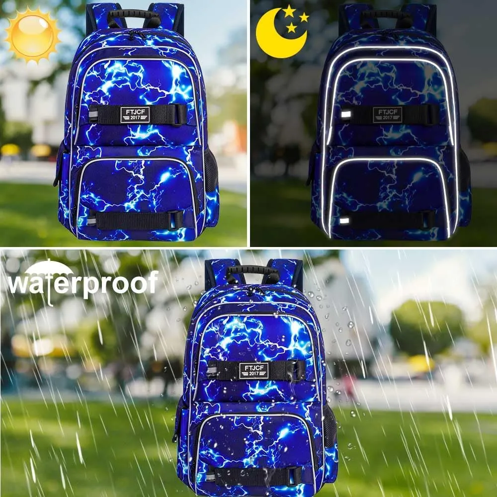 AGSDON Laptop Backpack, 17 Inch School Bag College Bookbag, Anti Theft Daypack Bags and Lunch Bag Set, Water Resistant lightning Backpacks for Teens Boys Men Students(Blue)