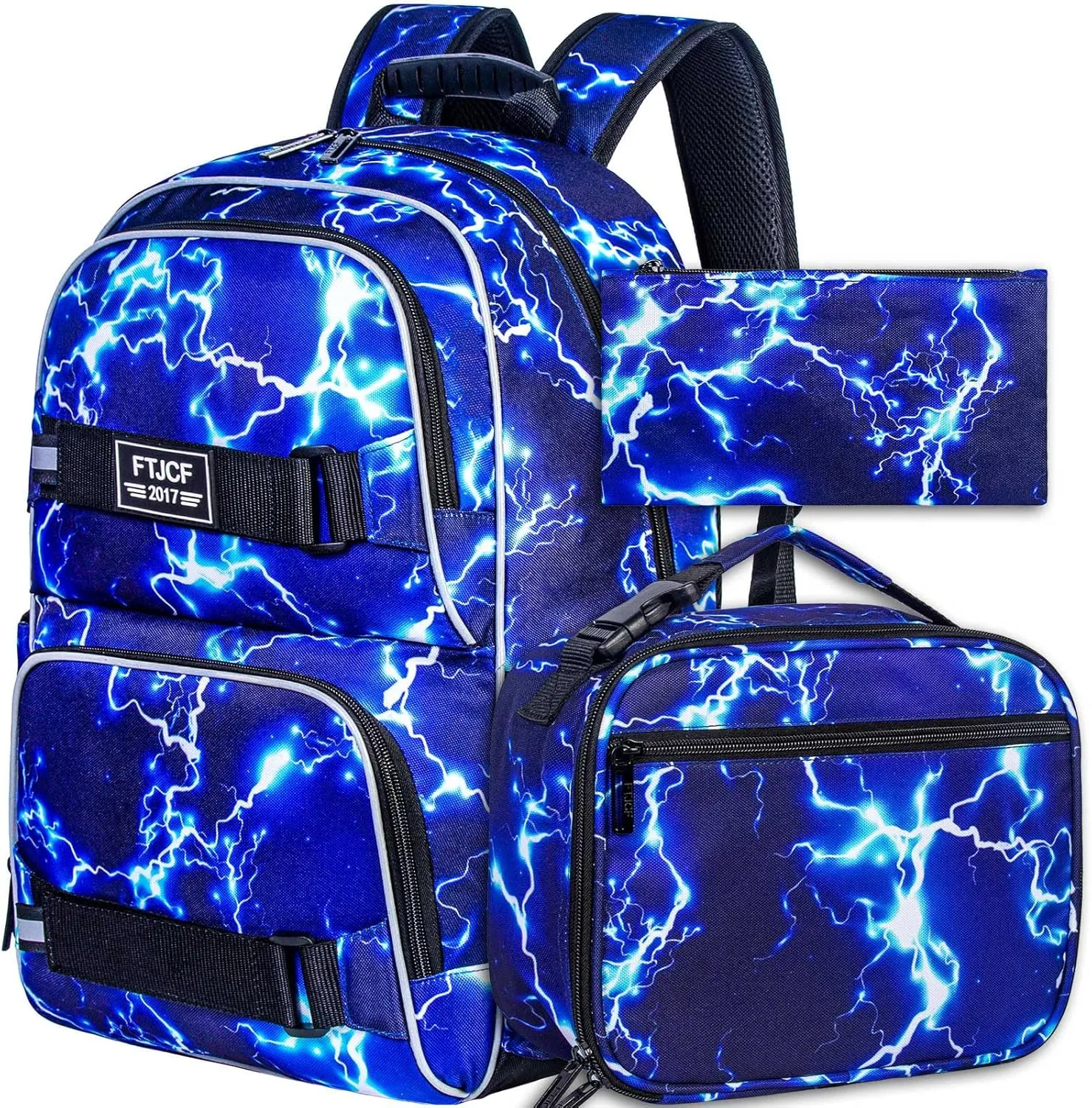 AGSDON Laptop Backpack, 17 Inch School Bag College Bookbag, Anti Theft Daypack Bags and Lunch Bag Set, Water Resistant lightning Backpacks for Teens Boys Men Students(Blue)