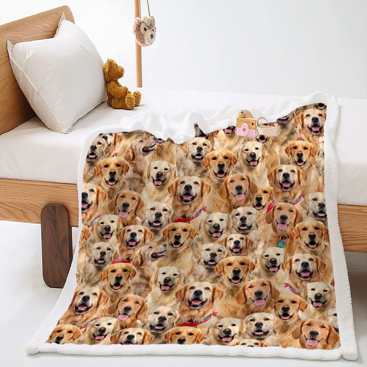 AILONEN Dog Blanket for Kids Adults, Animal Cute Puppy Plush Blanket, Double Sided Fabric Lamb Wool Flannel Sherpa Throw Blanket(Golden Retriever,Queen, 70 x 55 Inches)